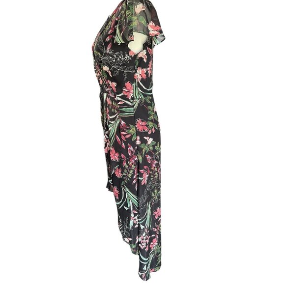 Julia Jordan Size 6 Floral Dress High Low Hem B & W Green Pink Lined Faux Wrap - Picture 8 of 14